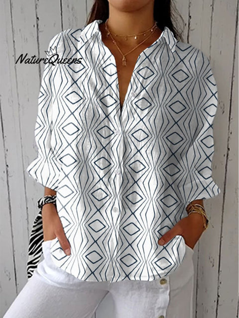 Women's Simple Line Art Print Casual Linen V-neck Shirt