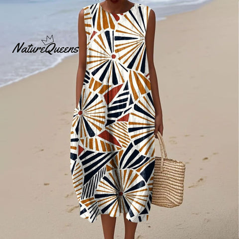 Women's Fashion Color Block Art Print Sleeveless Cotton Pocket Wrap Dress