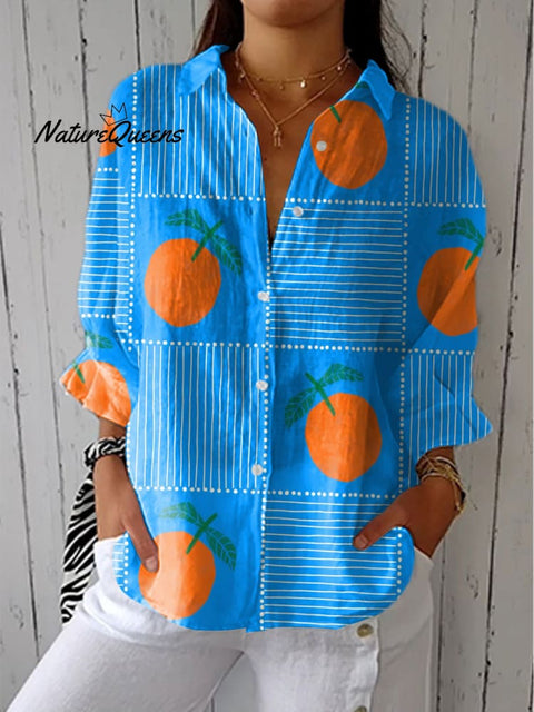 Women's Simple Lines and Orange Art Print Casual Linen V-neck Shirt