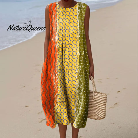Women's Fashion Color Block Line Art Print Sleeveless Cotton Pocket Wrap Dress