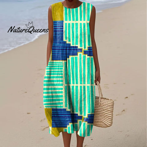 Women's Fashion Color Block Line Art Print Sleeveless Cotton Pocket Wrap Dress