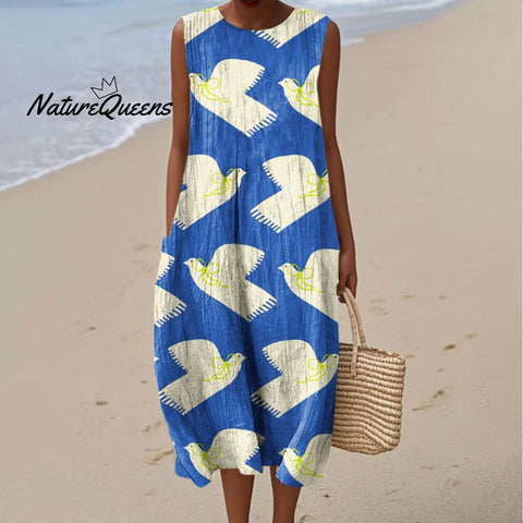 Women's Fashion Color Block Bird Art Print Sleeveless Cotton Pocket Wrap Dress