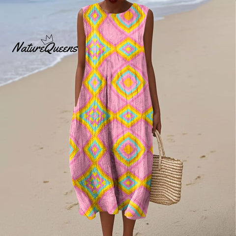 Women's Fashion Color Block Geometric Art Print Sleeveless Cotton Pocket Wrap Dress