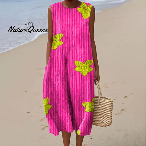 Women's Floral and Striped Art Print Sleeveless Cotton Pocket Wrap Dress