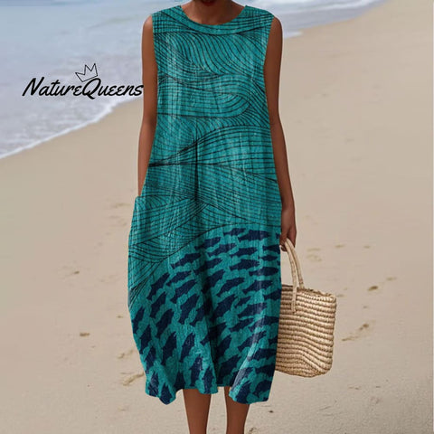 Women's Ocean and Fish Art Print Sleeveless Cotton Pocket Wrap Dress