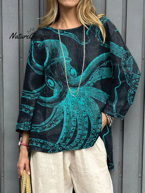 Women's Giant Octopus Art Print Casual Cotton And Linen Shirt