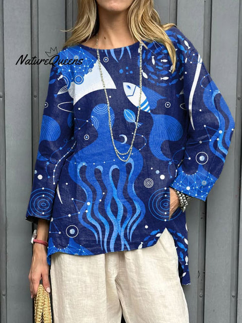 Women's Deep Sea Animal Art Print Casual Cotton And Linen Shirt