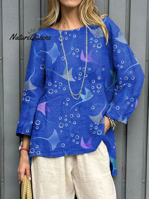 Women's Deep Sea Manta Art Print Casual Cotton And Linen Shirt