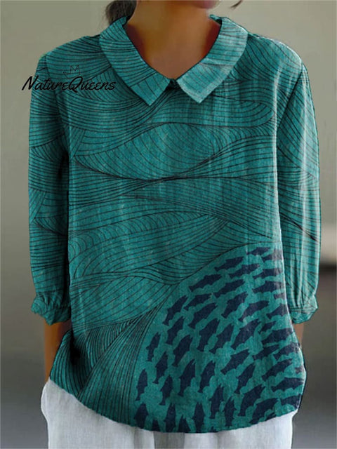 Women's Ocean and Fish Art Print Casual Cotton And Linen 3/4 Sleeve Shirt