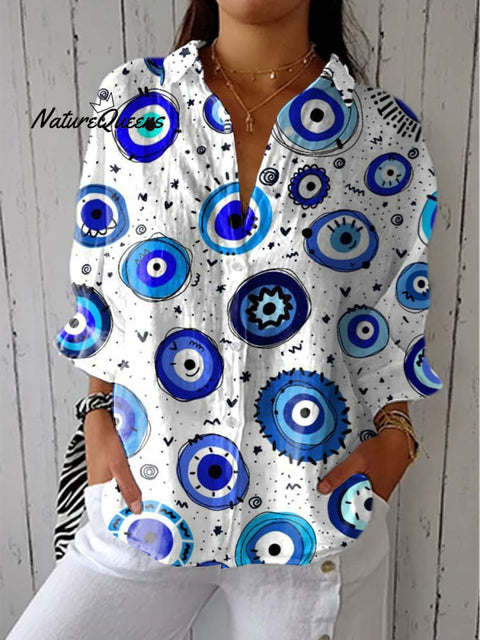 Women's Cartoon Eyes Art Print Casual Linen V-neck Shirt