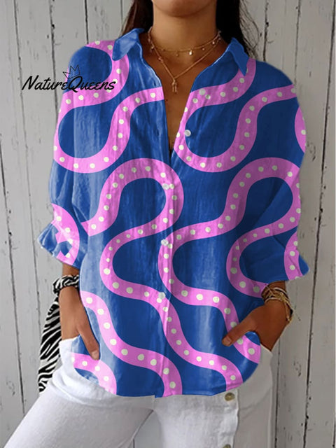 Women's Fashion Color Block Art Print Casual Linen V-neck Shirt