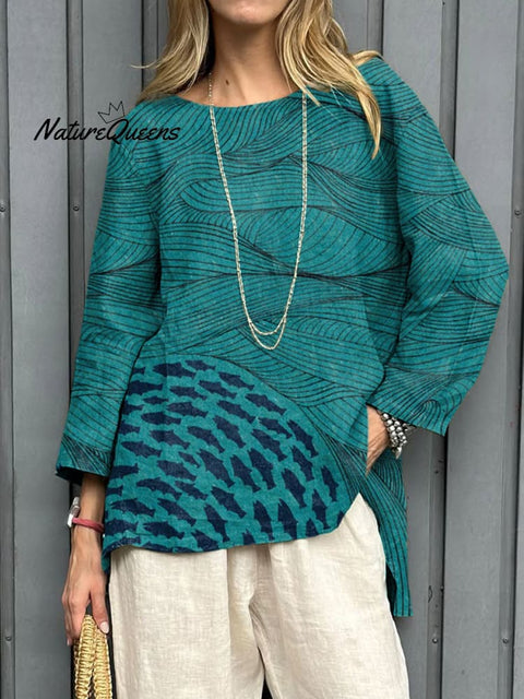 Women's Ocean and Fish Art Print Casual Cotton And Linen Shirt