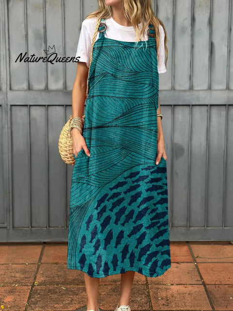 Women's Ocean and Fish Art Print Cotton Pocket Suspender Dress