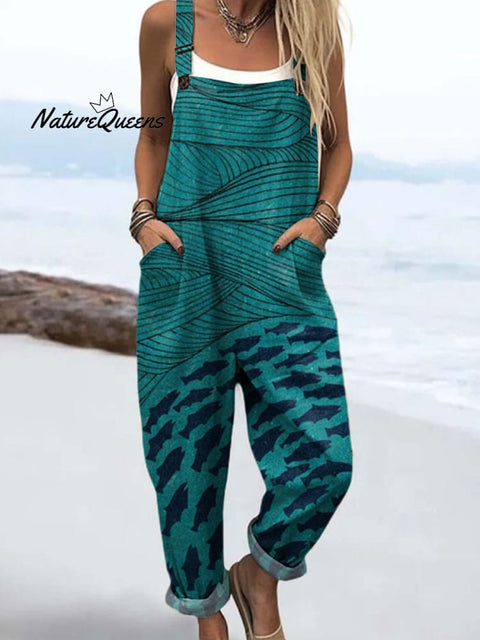 Women's Ocean and Fish Art Print Casual 100% Cotton Wide Leg Jumpsuit
