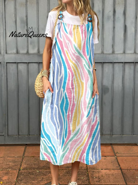 Women's Fashion Color Block Art Print Cotton Pocket Suspender Dress