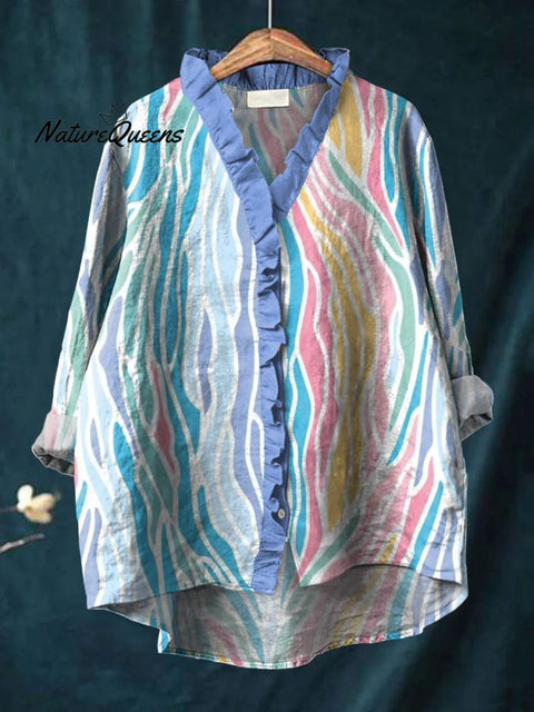 Women's Fashion Color Block Art Print Casual Cotton And Linen Ruffle Shirt