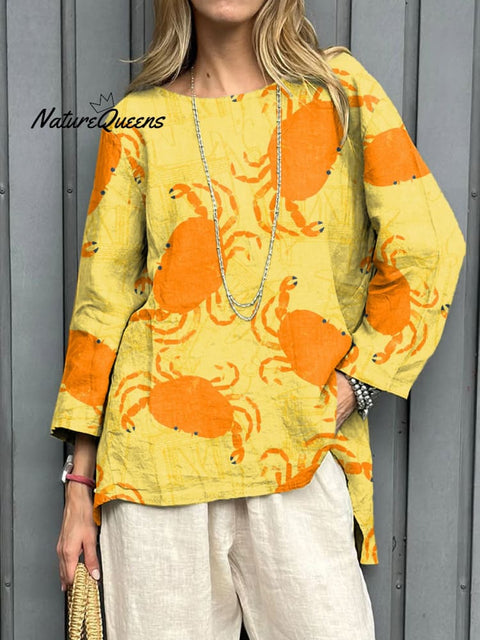 Women's Fashion Crab Art Print Casual Cotton And Linen Shirt