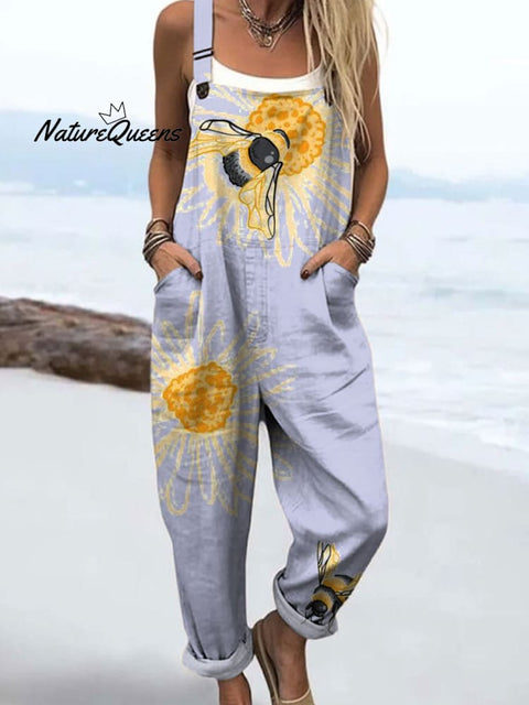 Women's Fashion Floral and Bee Art Print Casual 100% Cotton Wide Leg Jumpsuit