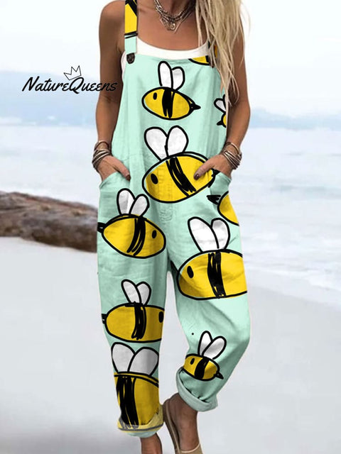 Women's Fashion Bee Art Print Casual 100% Cotton Wide Leg Jumpsuit