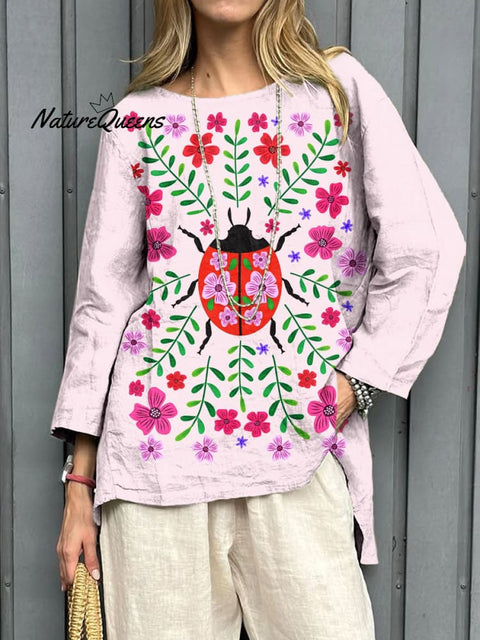 Women's Floral and Ladybug Art Print Casual Cotton And Linen Shirt