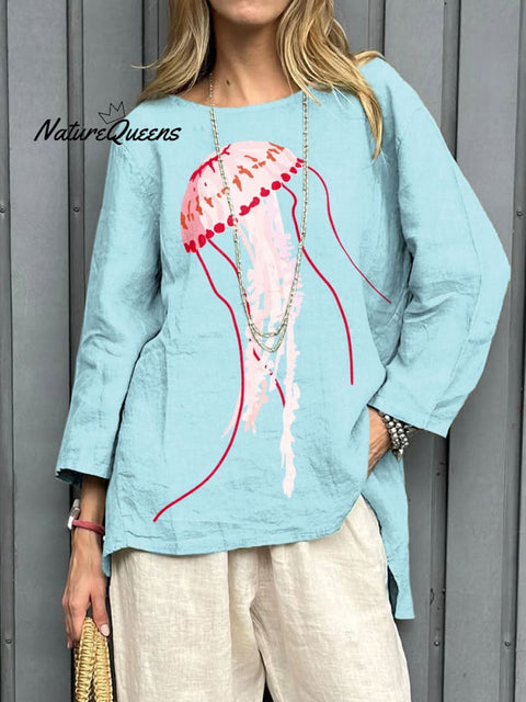 Women's Fashion Jellyfish Art Print Casual Cotton And Linen Shirt