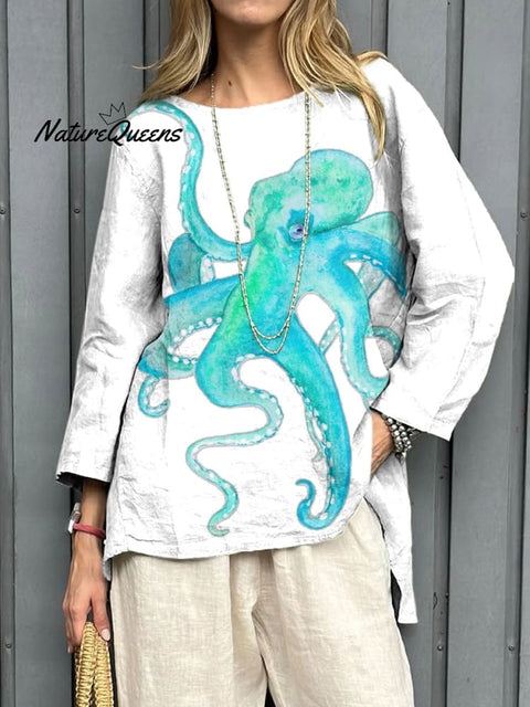 Women's Large Octopus Art Print Casual Cotton And Linen Shirt