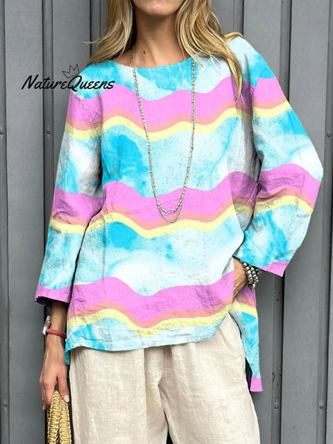 Women's Fashion Color Block Art Print Casual Cotton And Linen Shirt