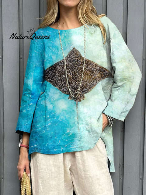 Women's Fashion Manta Art Print Casual Cotton And Linen Shirt