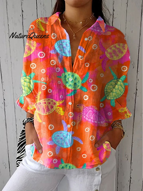 Women's Fashion Turtle Art Print Casual Linen V-neck Shirt