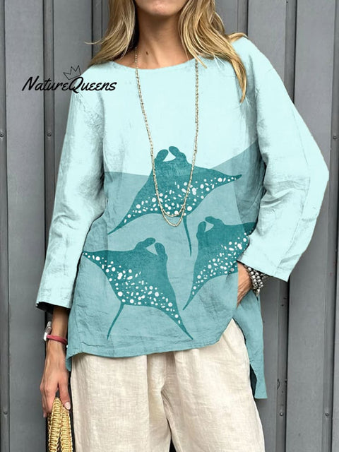 Women's Fashion Manta Art Print Casual Cotton And Linen Shirt
