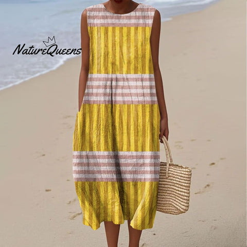 Women's Fashion Color Block Line Art Print Sleeveless Cotton Pocket Wrap Dress