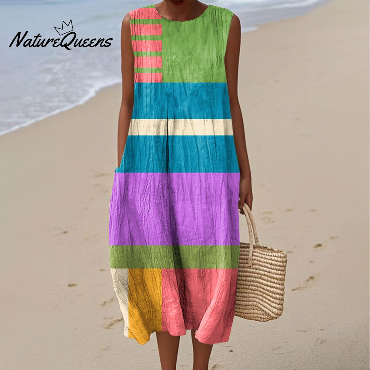 Women's Fashion Color Block Art Print Sleeveless Cotton Pocket Wrap Dress