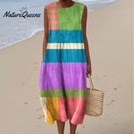 Women's Fashion Color Block Art Print Sleeveless Cotton Pocket Wrap Dress