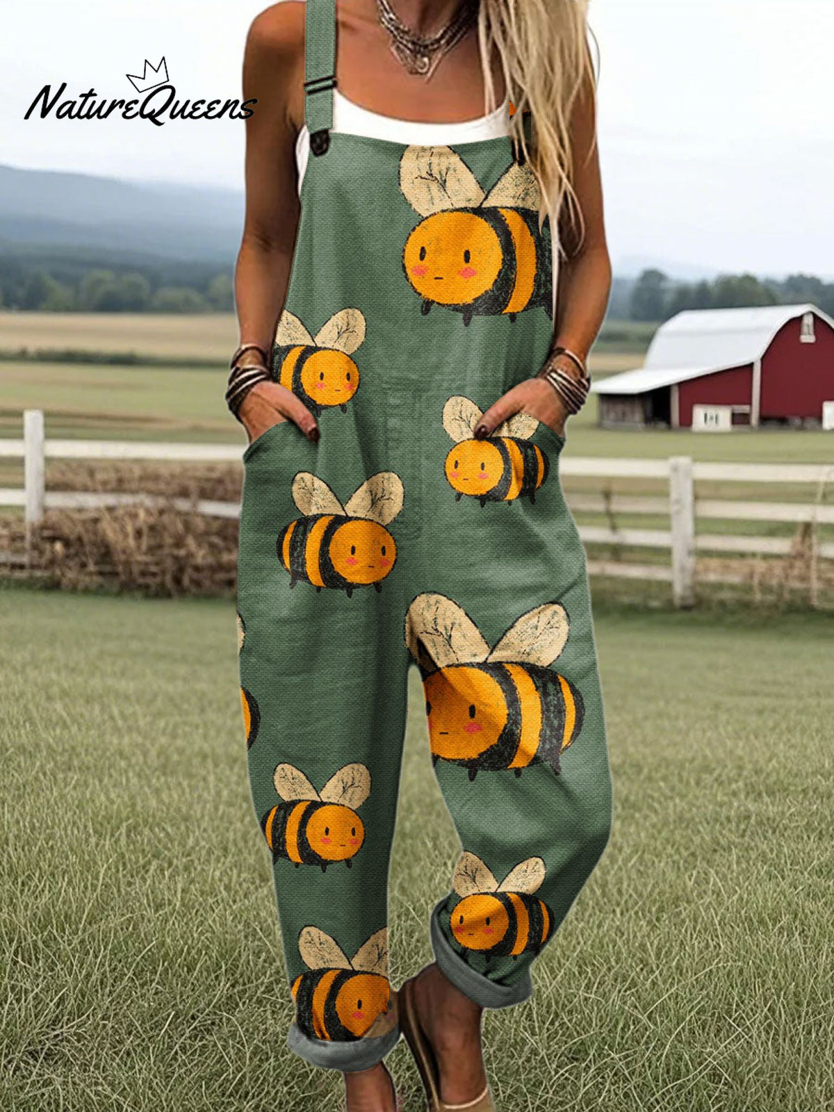 Women's Funny Bee Art Print Casual 100% Cotton Wide Leg Jumpsuit