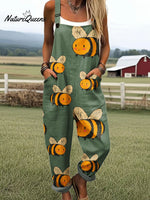 Women's Funny Bee Art Print Casual 100% Cotton Wide Leg Jumpsuit