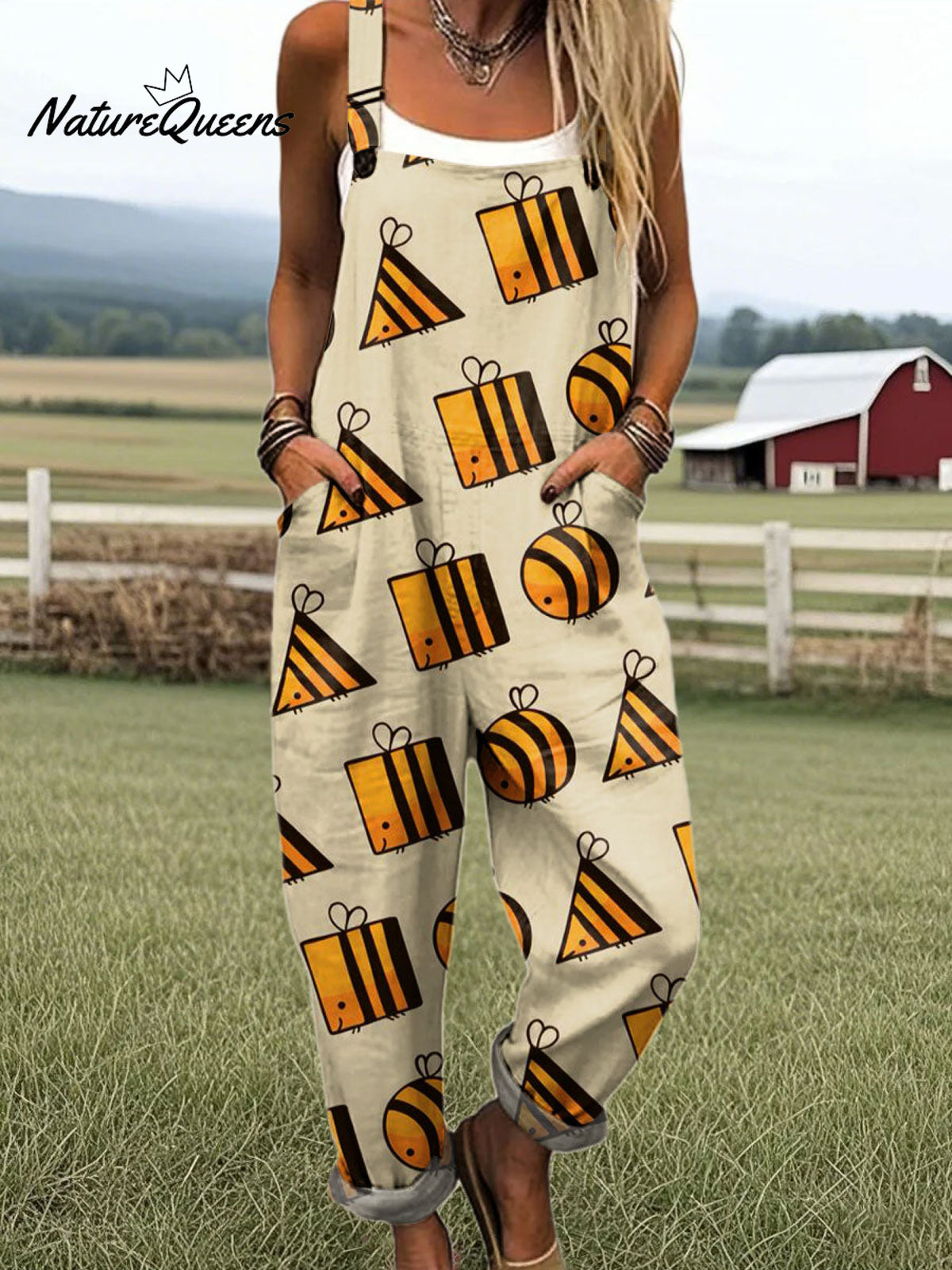 Women's Funny Bee Art Print Casual 100% Cotton Wide Leg Jumpsuit