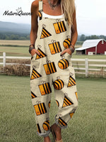 Women's Funny Bee Art Print Casual 100% Cotton Wide Leg Jumpsuit