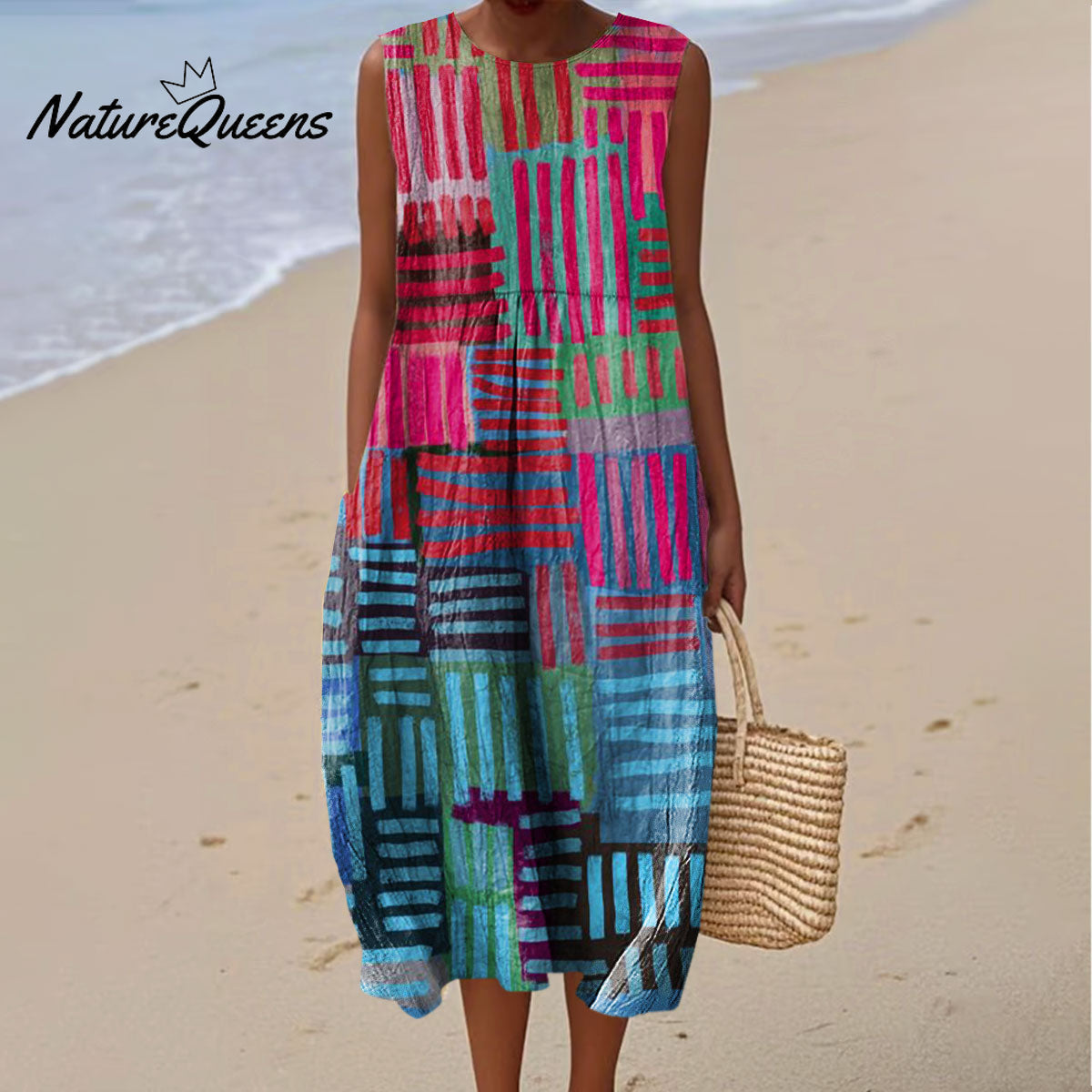 Women's Fashion Color Block Line Art Print Sleeveless Cotton Pocket Wrap Dress