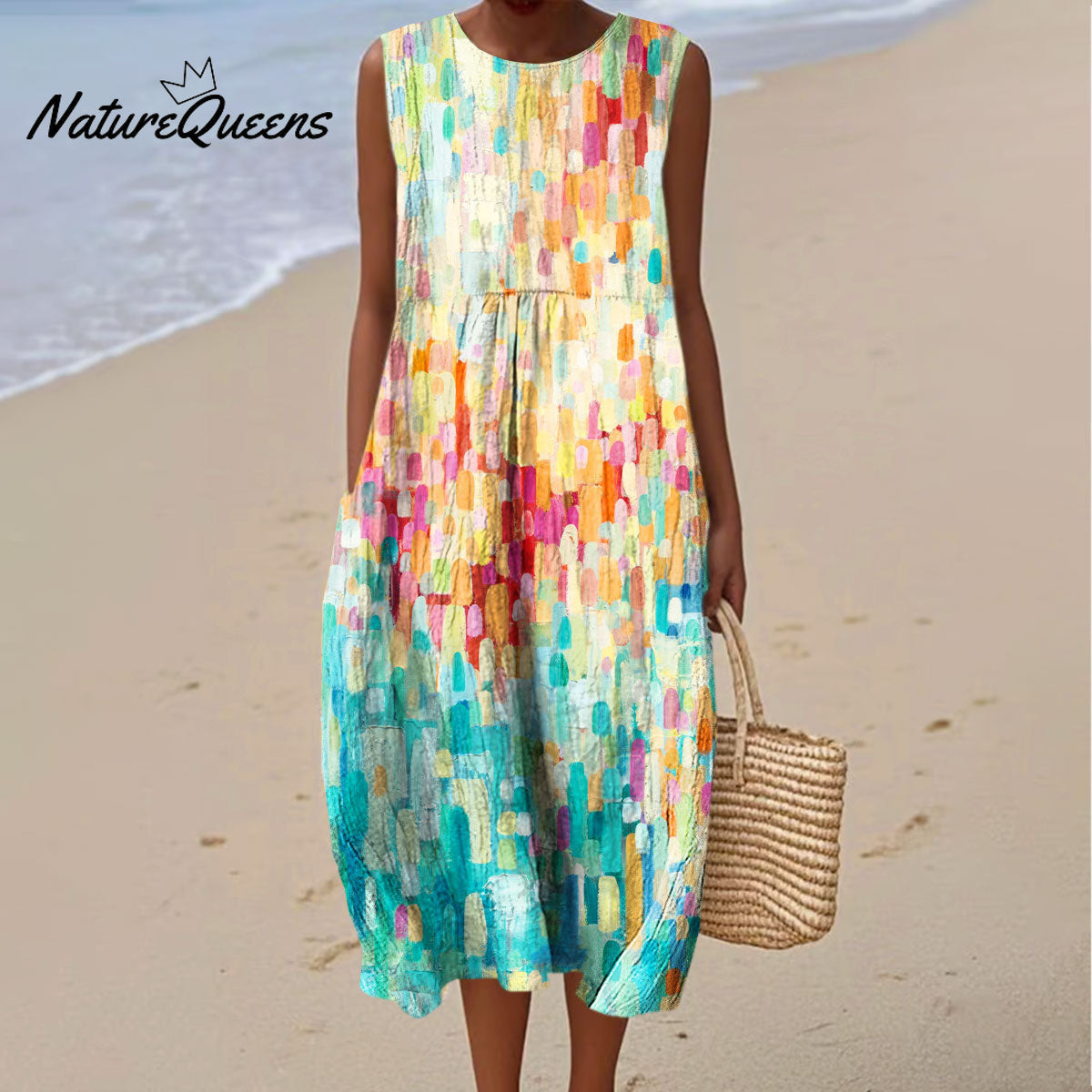 Women's Fashion Color Block Art Print Sleeveless Cotton Pocket Wrap Dress