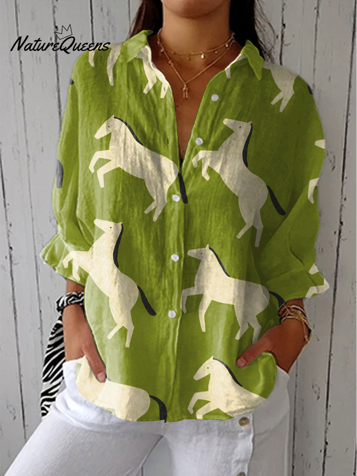 Women's Funny Horse Art Print Casual Linen V-neck Shirt