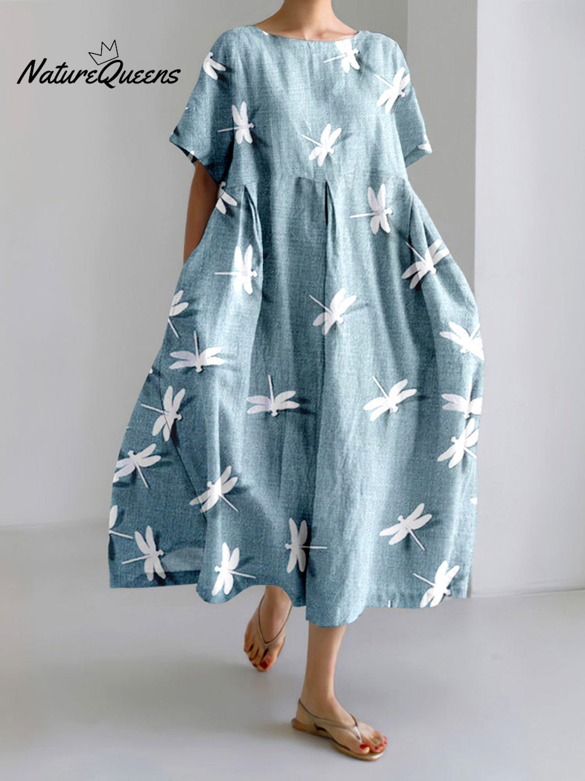 Japanese Dragonfly Sky Art Linen Blend Casual Dress