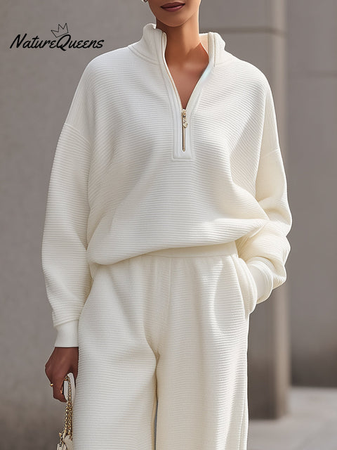 Elegant Textured Half-Zip Loungewear Set