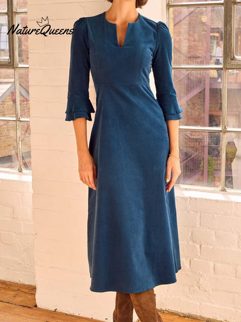 Women's Elegant V-neck Stretch Corduroy Midi Dress