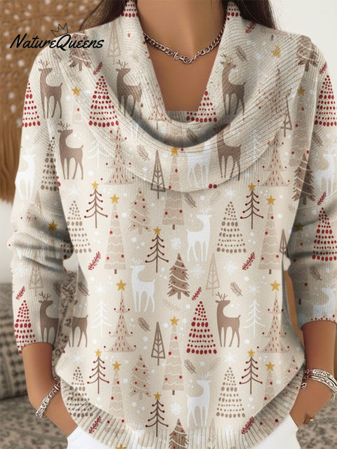 Christmas Elk and Pine Tree Print Cowl Neck Sweater Top