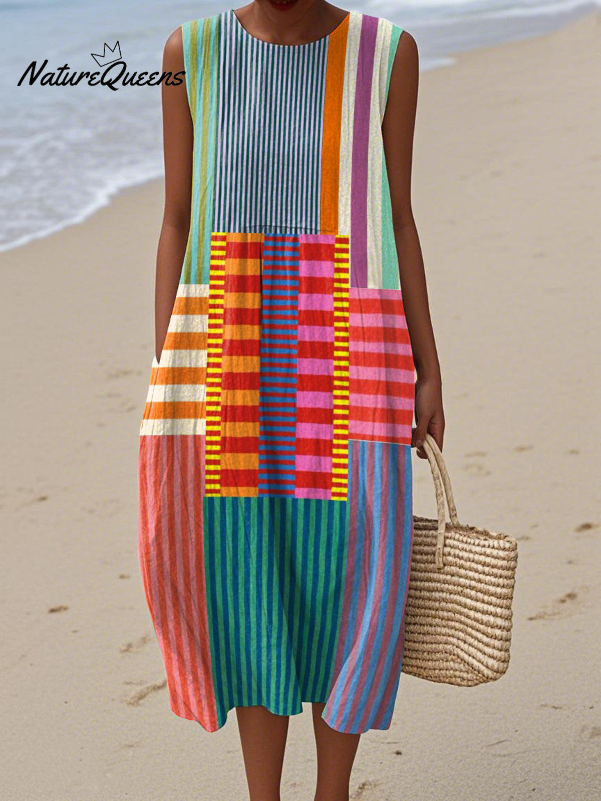 Women's Retro Abstract Geometric Print Cotton and Linen Dress