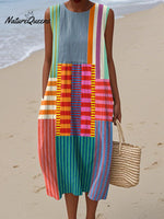 Women's Retro Abstract Geometric Print Cotton and Linen Dress