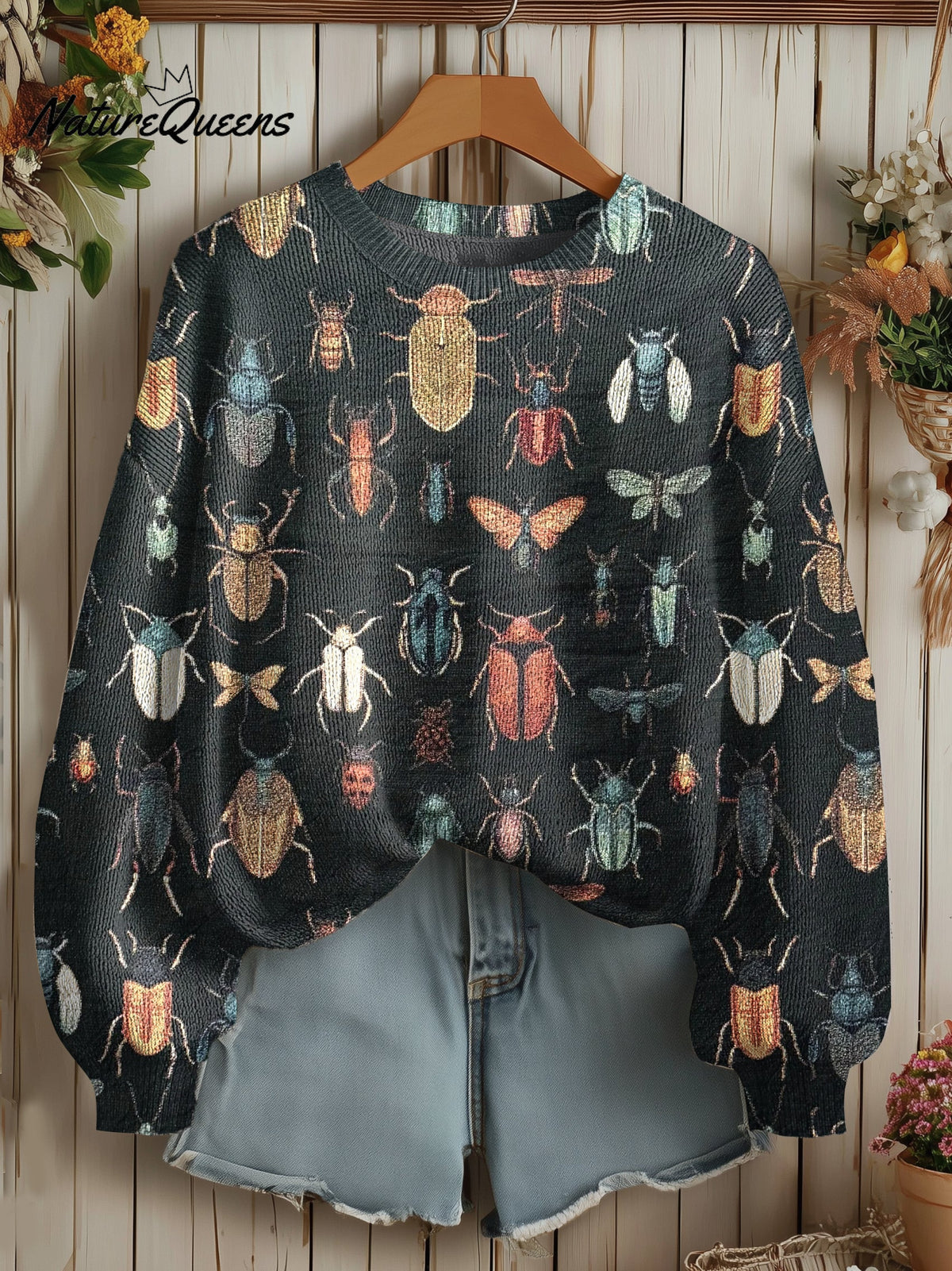 Women's Vintage boho beetle nature print Sweater