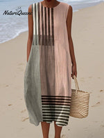 Women's Retro Abstract Geometric Print Cotton and Linen Dress