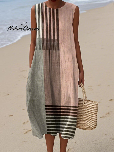 Women's Retro Abstract Geometric Print Cotton and Linen Dress