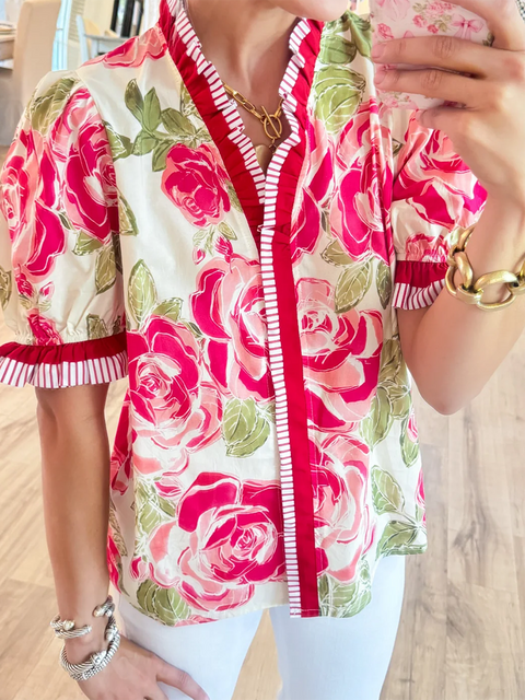 Coral Flower Print Contrast Trim Top